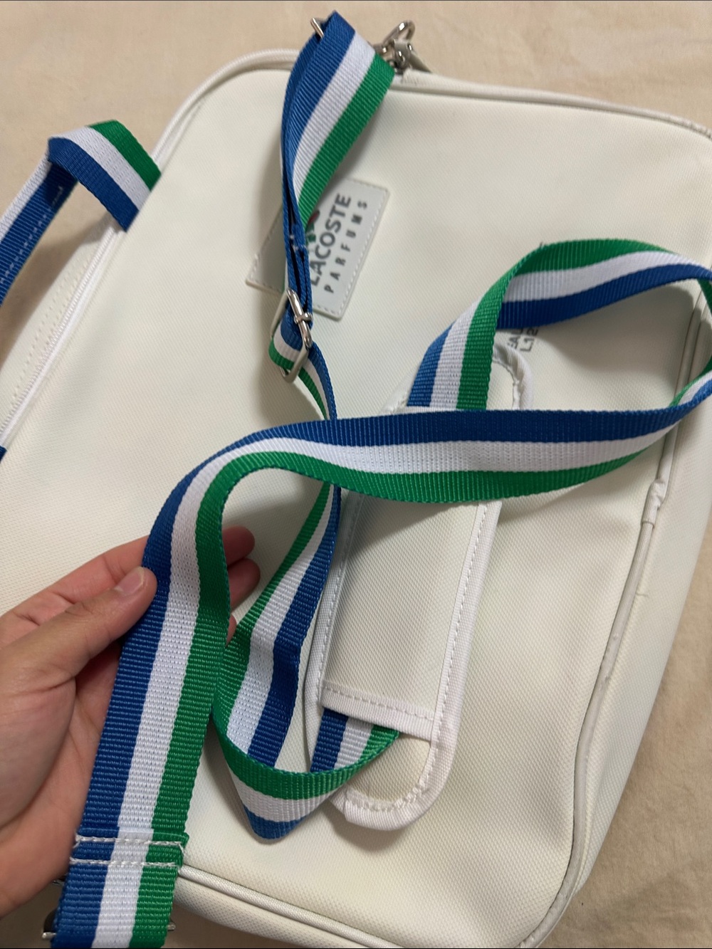 Lacoste White Laptop Bag with Green-Blue Striped Strap - Picture 9 of 9